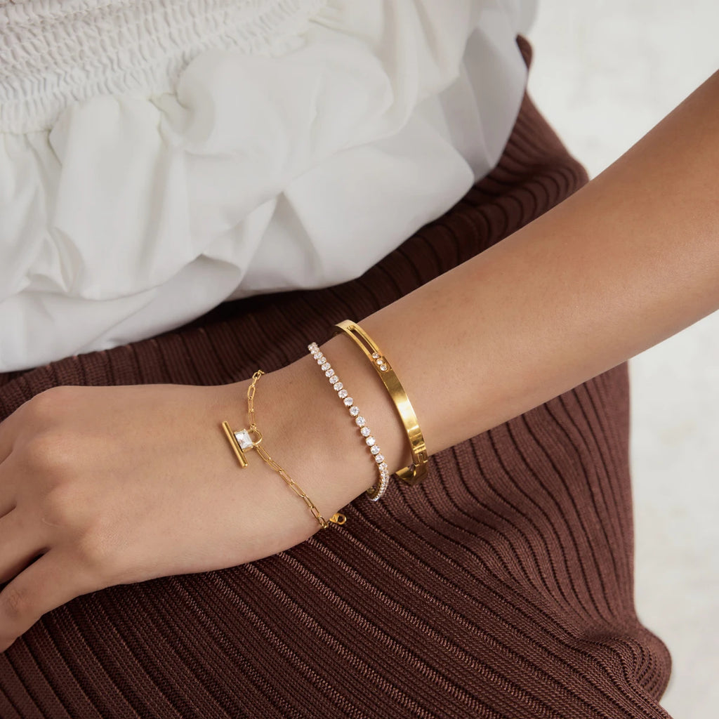 KIKA Classic Zircon T Bar Charm Bracelet For Women Minimalist 18K Gold PVD Plated Stainless Steel Bracelet Fashion Jewelry