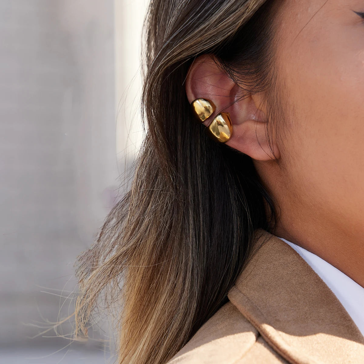 KIKA Classic 18K PVD Plated Gold Color Wide-Faced Double-Layer Ear Clip Earrings Women Waterproof Stainless Steel316L