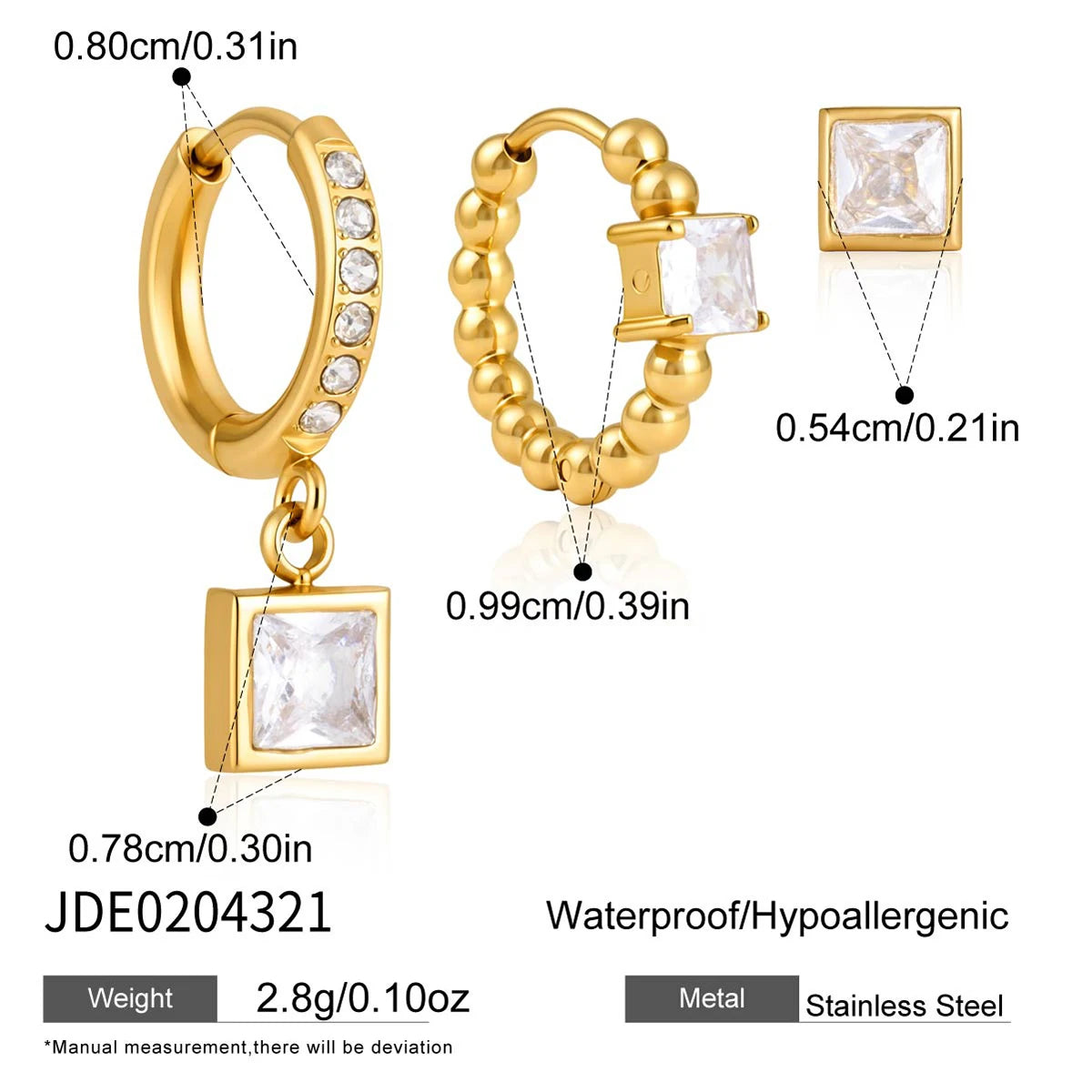 KIKA 3 Pcs/Set Square Zircon Earrings PVD Plated Stainless Steel 316L