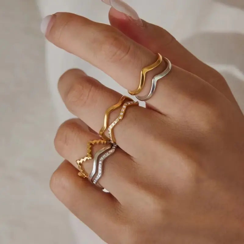 KIKA 2 Pcs/Set Zircon Wave Shape Rings For Women Minimalist 18K Gold PVD Plated Stainless Steel Rings Fashion Jewelry Gift