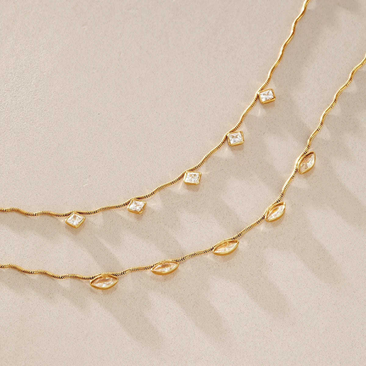 KIKA Geometric Zircon Pendant Wave Shape Chain Necklace For Women 18K Gold PVD Plated Stainless Steel 316L