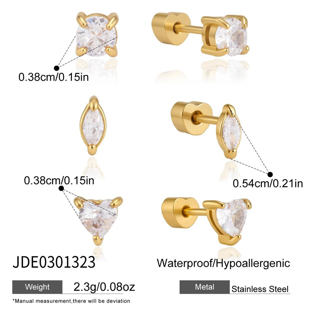 KIKA 3 Pcs/Set Geometric Zircon Stud Earrings For Women 18K Gold PVD Plated Stainless Steel Sleeping Earrings Fashion Jewelry