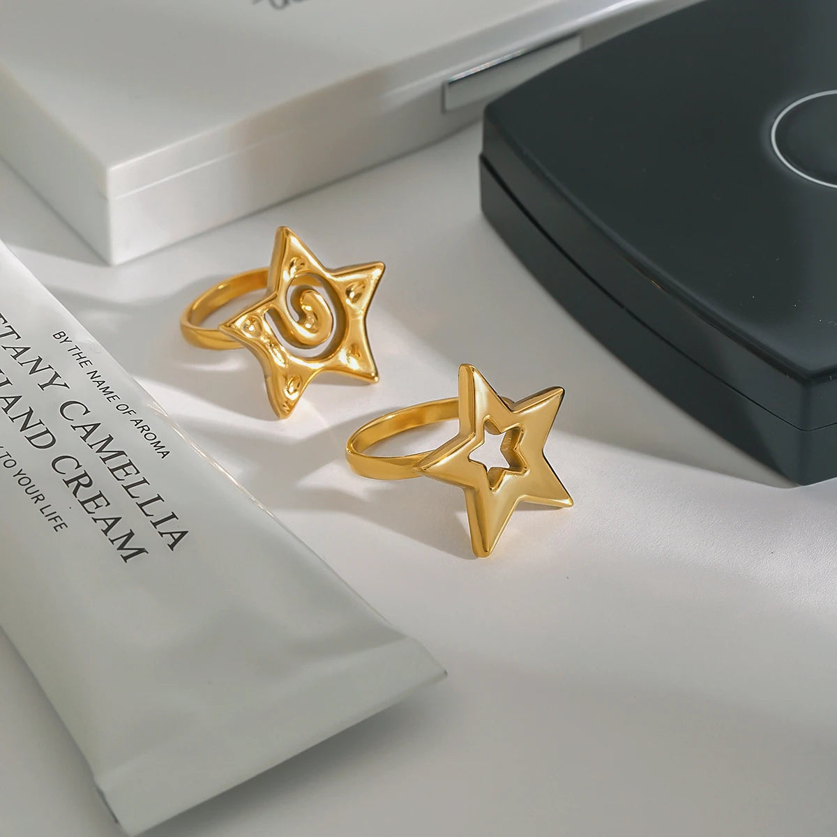 Kika Minimalist Smooth Five pointed Star Hollow Ring 18K Gold Color Plated Stainless Steel Star Ring
