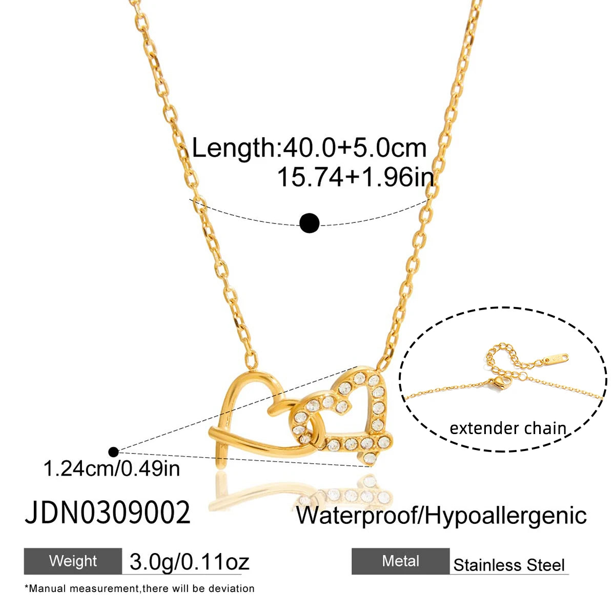 Kika Gold Plated Classic Zircon Heart-shaped Double-ring Interlocking Pendant Necklace