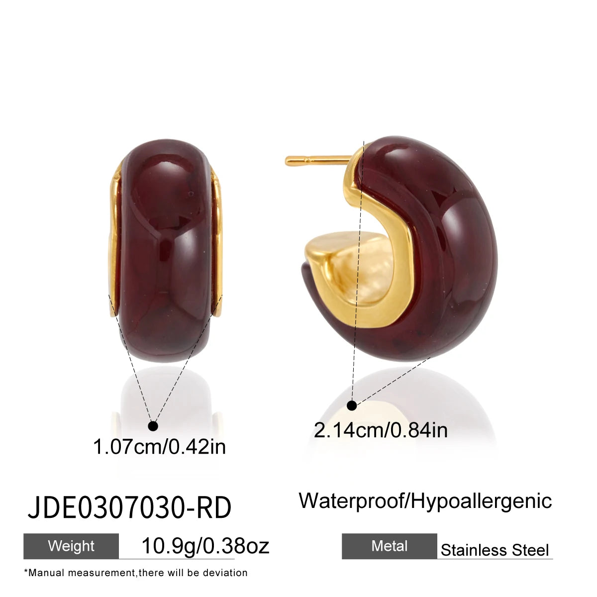 KIKA Vintage Chunky C Shape Resin Stud Earrings For Women 18K Gold PVD Plated Stainless Steel 316L