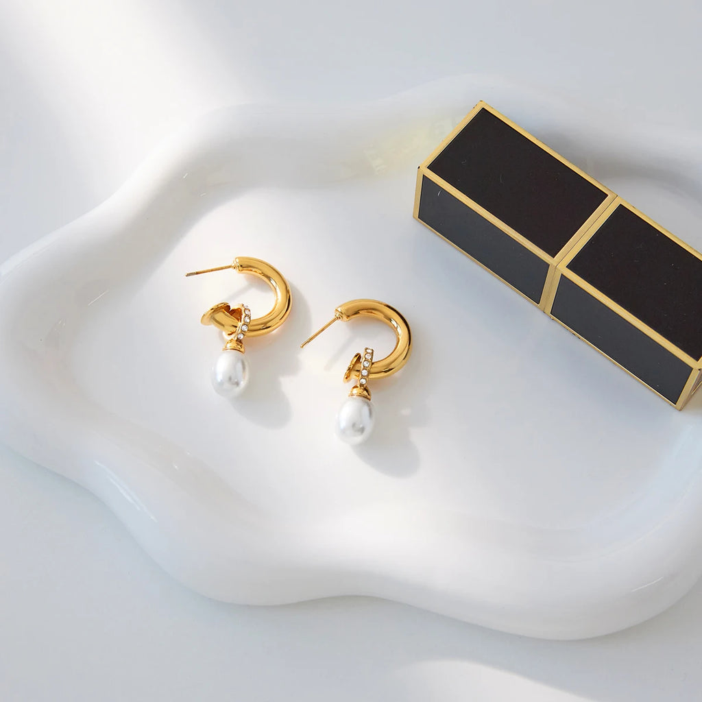 KIKA Fashion Elegant Pearl Pendant Earrings 18K Gold Color PVD Plated Stainless Steel 316L White Water Rhinestone