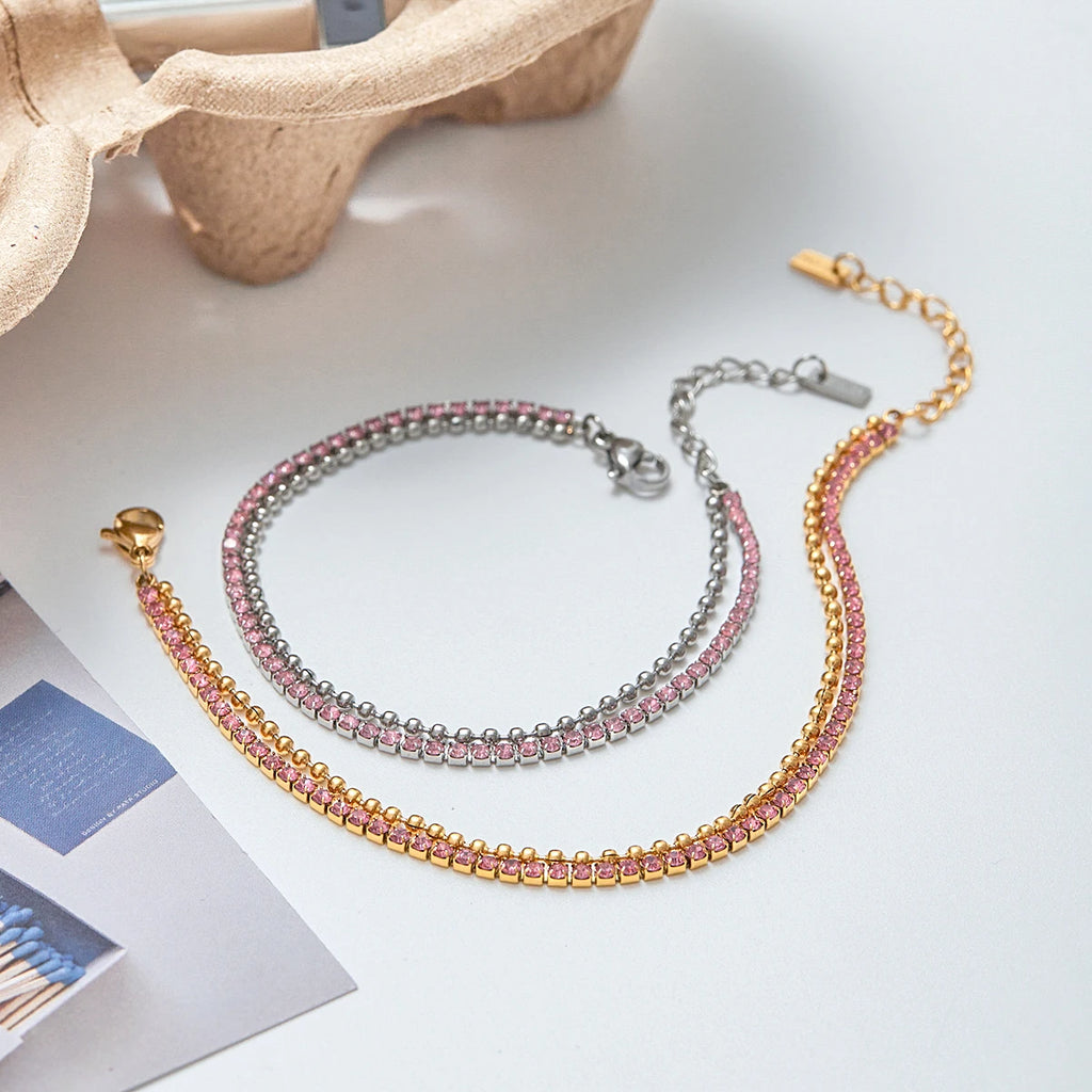 KIKA Minimalist Classic 18K Gold Color Plated Stainless Steel Pink Rhinestone Claw Chain Bead Chain Double-layer Bracelet Wome