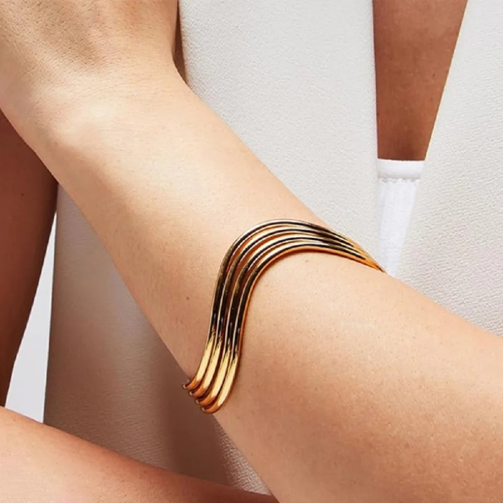 Kika Minimalist 18K Gold Color Plated Stainless Steel Multi Layer Line Hollow  Bracelets Woman