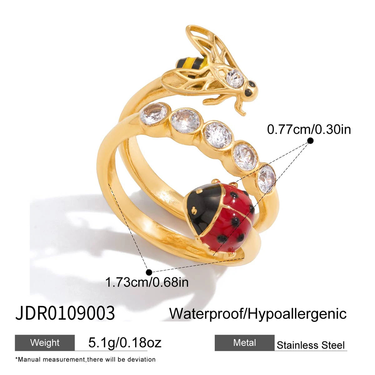 KIKA Fashion Stainless Steel 316L Zircon Drop Oil Ladybug Flower Adjustable Open Ring 18K Golden PVD Plated High Quality Jewelry