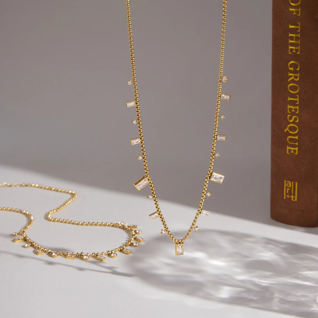 Kika Classic Rectangle Round Clear Zircons Bead Chain Necklace