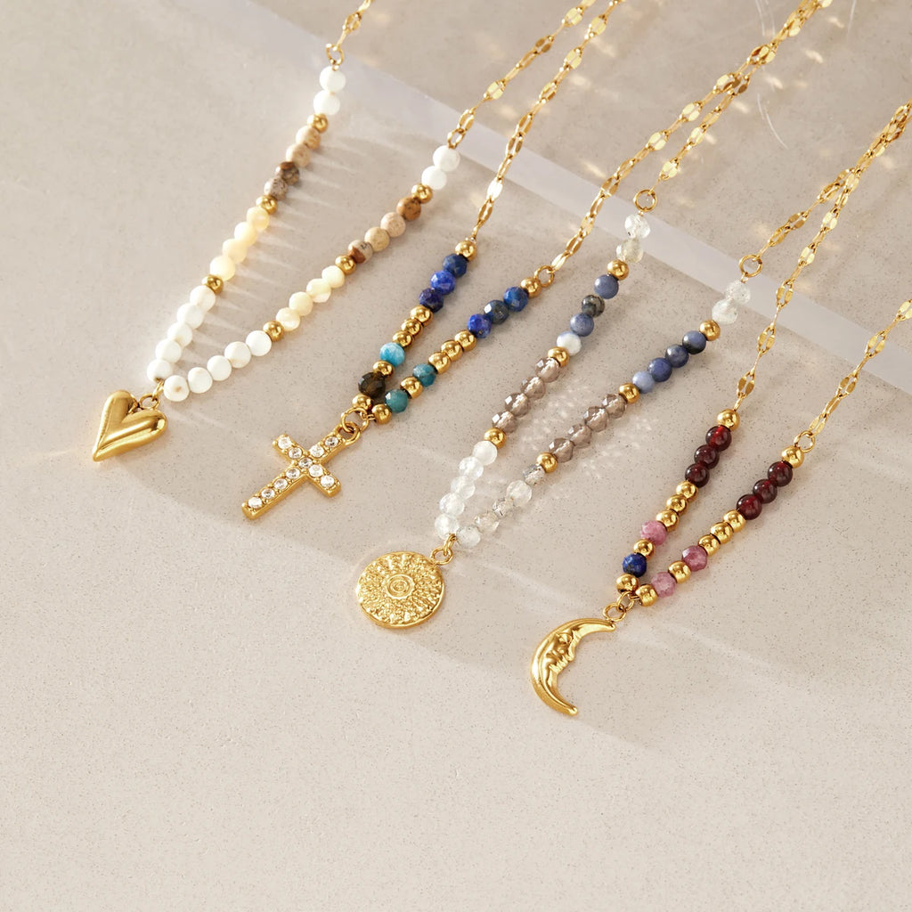 KIKA Natural Stone Beads Geometric Pendant Necklace For Women 18K Gold Plated Stainless Steel 316L