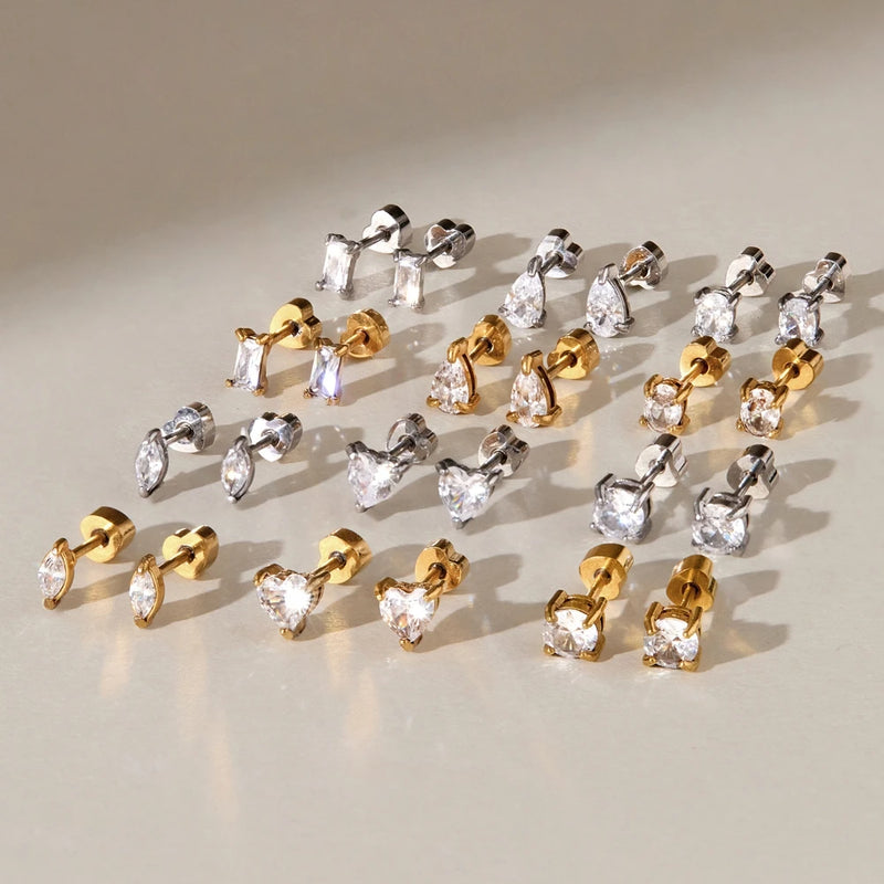 KIKA 3 Pcs/Set Geometric Zircon Stud Earrings For Women 18K Gold PVD Plated Stainless Steel Sleeping Earrings Fashion Jewelry