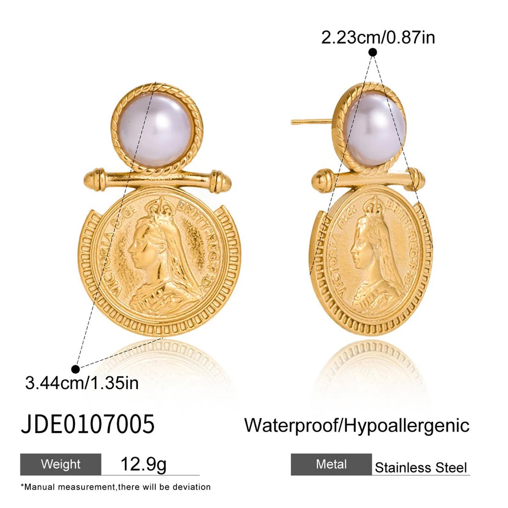 KIKA Classic 18K Gold Color PVD  Plated Inlay Resin Pearl Coin Earring Hypoallergenic Waterproof Stainless Steel 316L