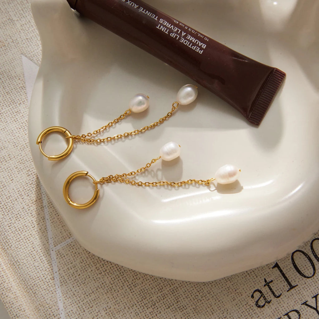 KIKA Elegant Freshwater Pearl Drop Earrings  PVD Plated Stainless Steel 316L
