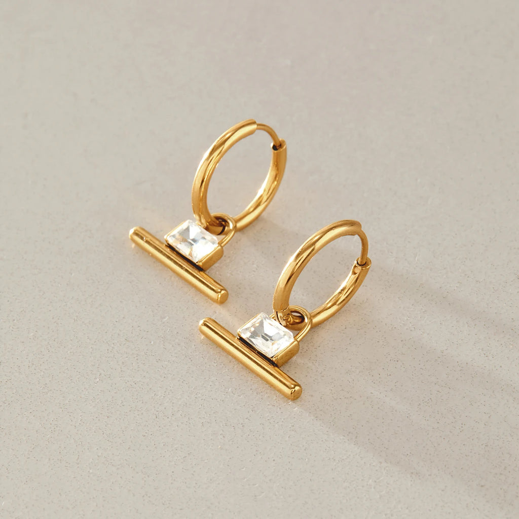 KIKA  Classic Square Zircon T-Bar Pendant Earrings For Women 18K Gold PVD Plated Stainless Steel Earrings Fashion Jewelry