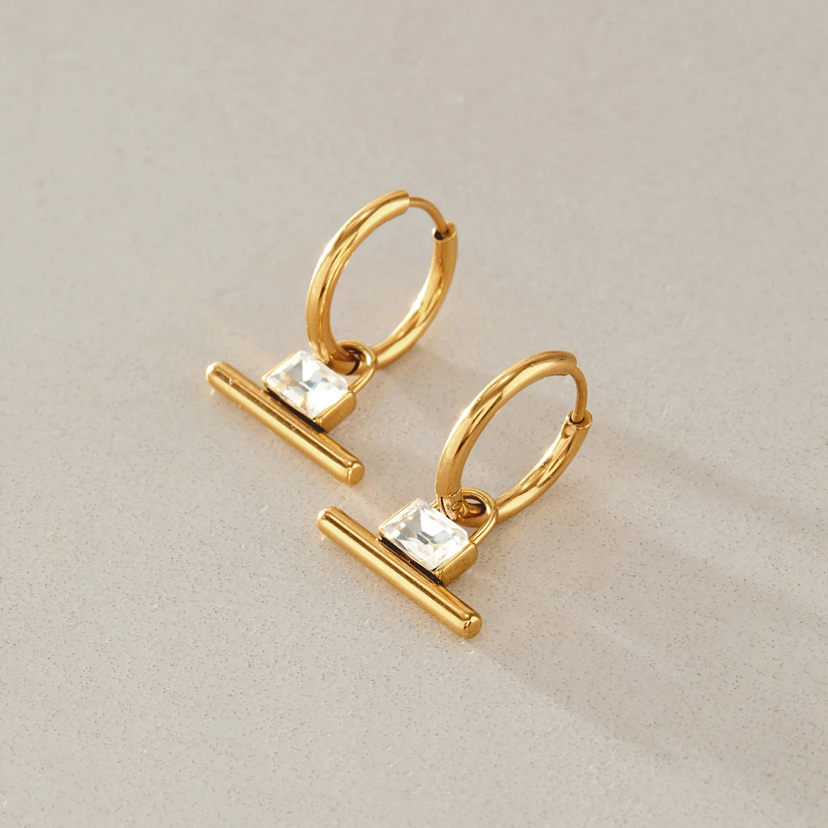 KIKA  Classic Square Zircon T-Bar Pendant Earrings For Women 18K Gold PVD Plated Stainless Steel Earrings Fashion Jewelry