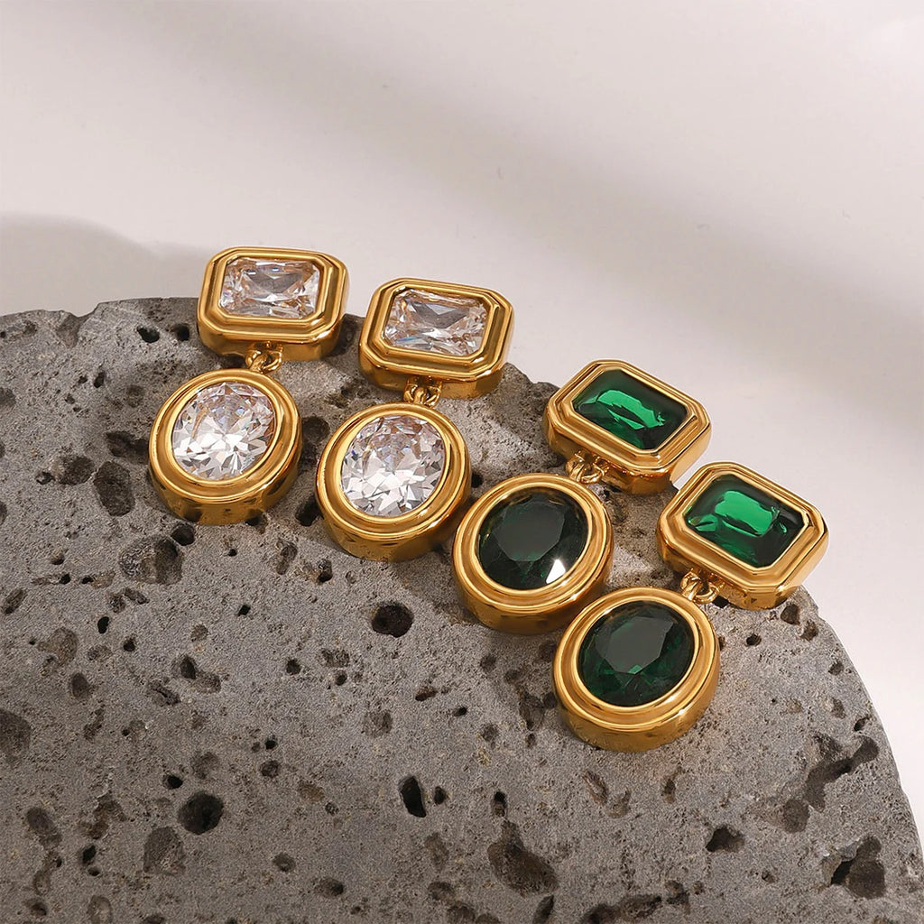 Retro Green Color Zircon Geometric Earrings
