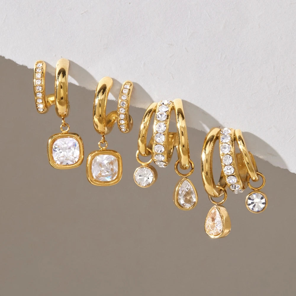 KIKA Water Drop Square Zircon Earrings For Women Minimalist C Shape 18K Gold Plated Stainless Steel 316L