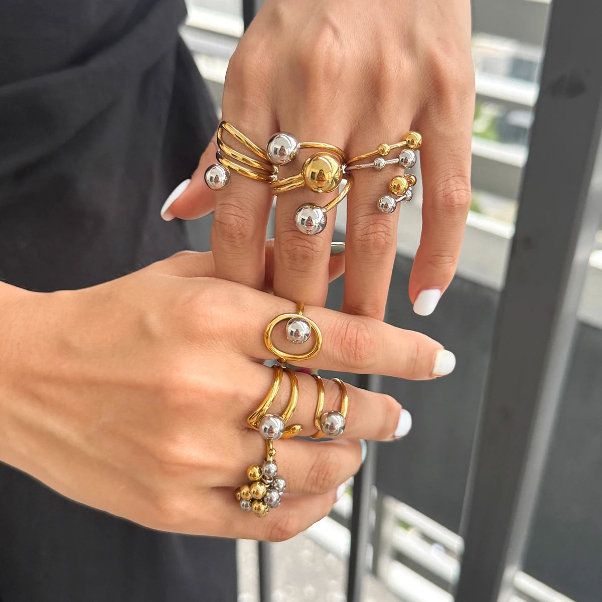 KIKA Minimalist 18k Gold Color PVD Plated Stainless Steel 316L Double tone Line Hollow Steel Ball Ring Personality Statement Stackable