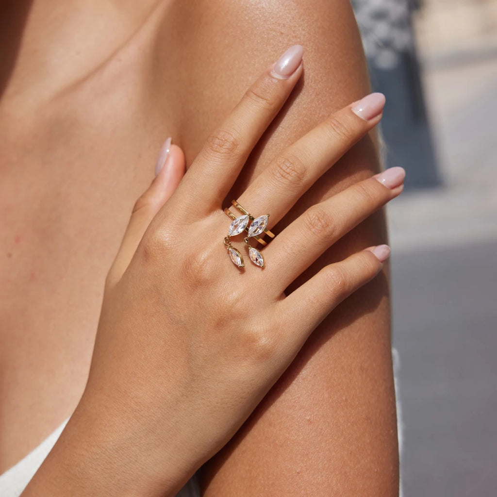 KIKA Horse Eye Shape Zircon Open Rings  18K Gold PVD Plated Stainless Steel 316L