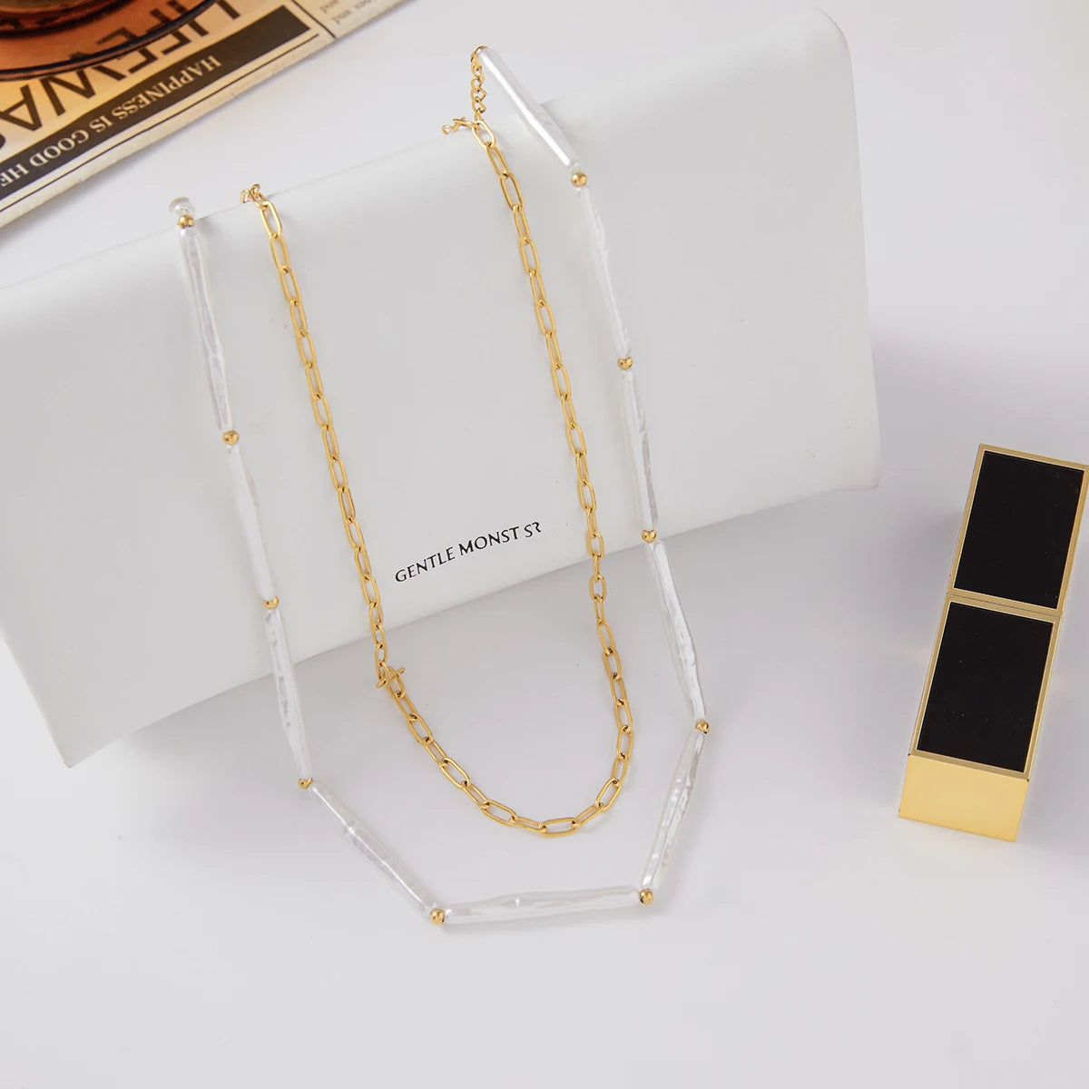 Kika Fashion Elegant Stainless Steel Acrylic Pearl Stick Necklace