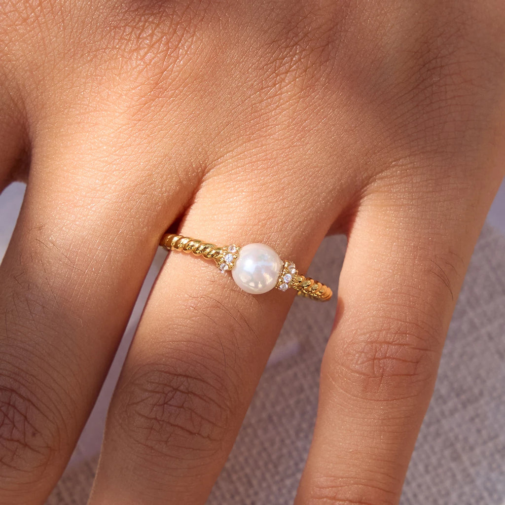 KIKA Exquisite Elegant Round Pearl Fried Dough Twists Pattern Ring Stainless Steel 316L White Rhinestone Foldable Thin Ring Women's