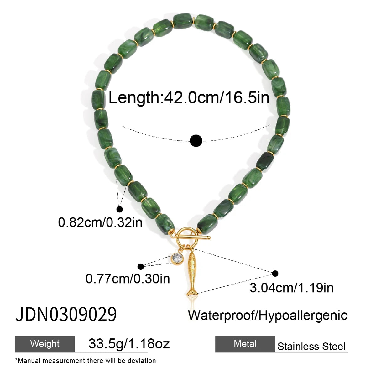 KIKA Green Resin Bead Chain Fish Pendant Necklace For Women 18K Gold PVD Plated Stainless Steel Necklace Fashion Jewelry Gift