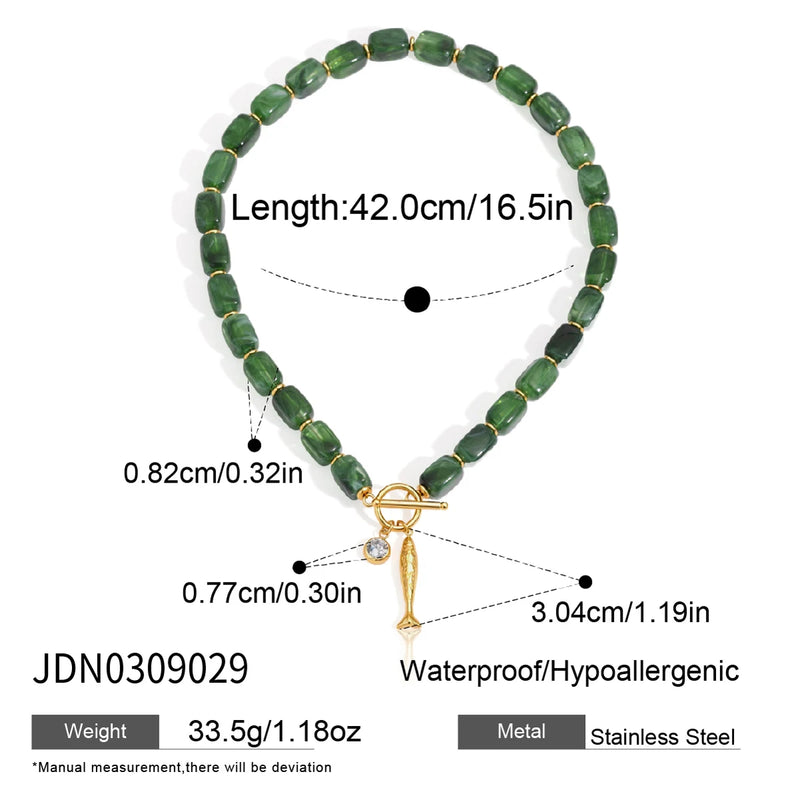 KIKA Green Resin Bead Chain Fish Pendant Necklace For Women 18K Gold PVD Plated Stainless Steel Necklace Fashion Jewelry Gift