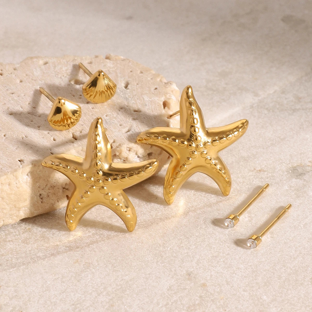 Exquisite 3-Pair Earring Set Shell Starfish Ear Studs Stackable