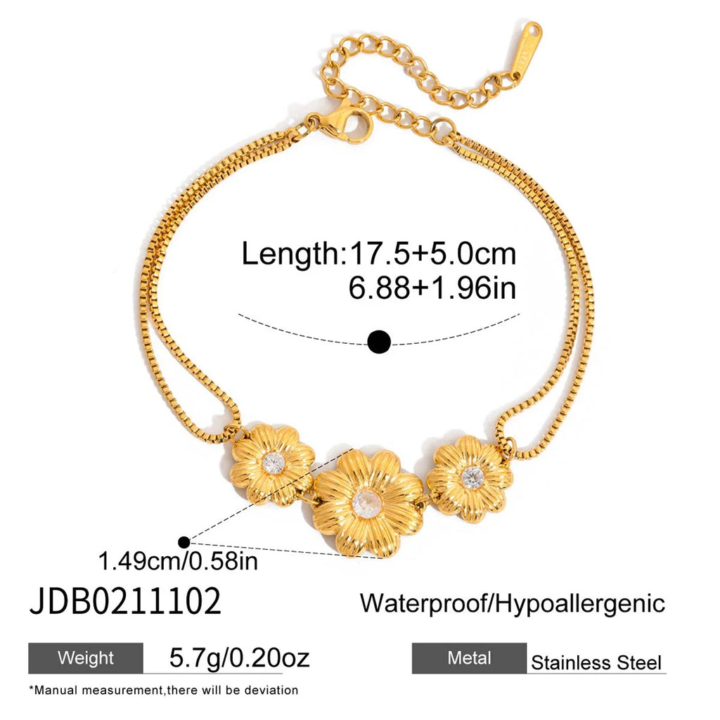 KIKA Classic Daisy Flower Bracelet With White Zircon Accents Jewelry Set For Women Gold Plated Stainless Steel Layered Jewelry