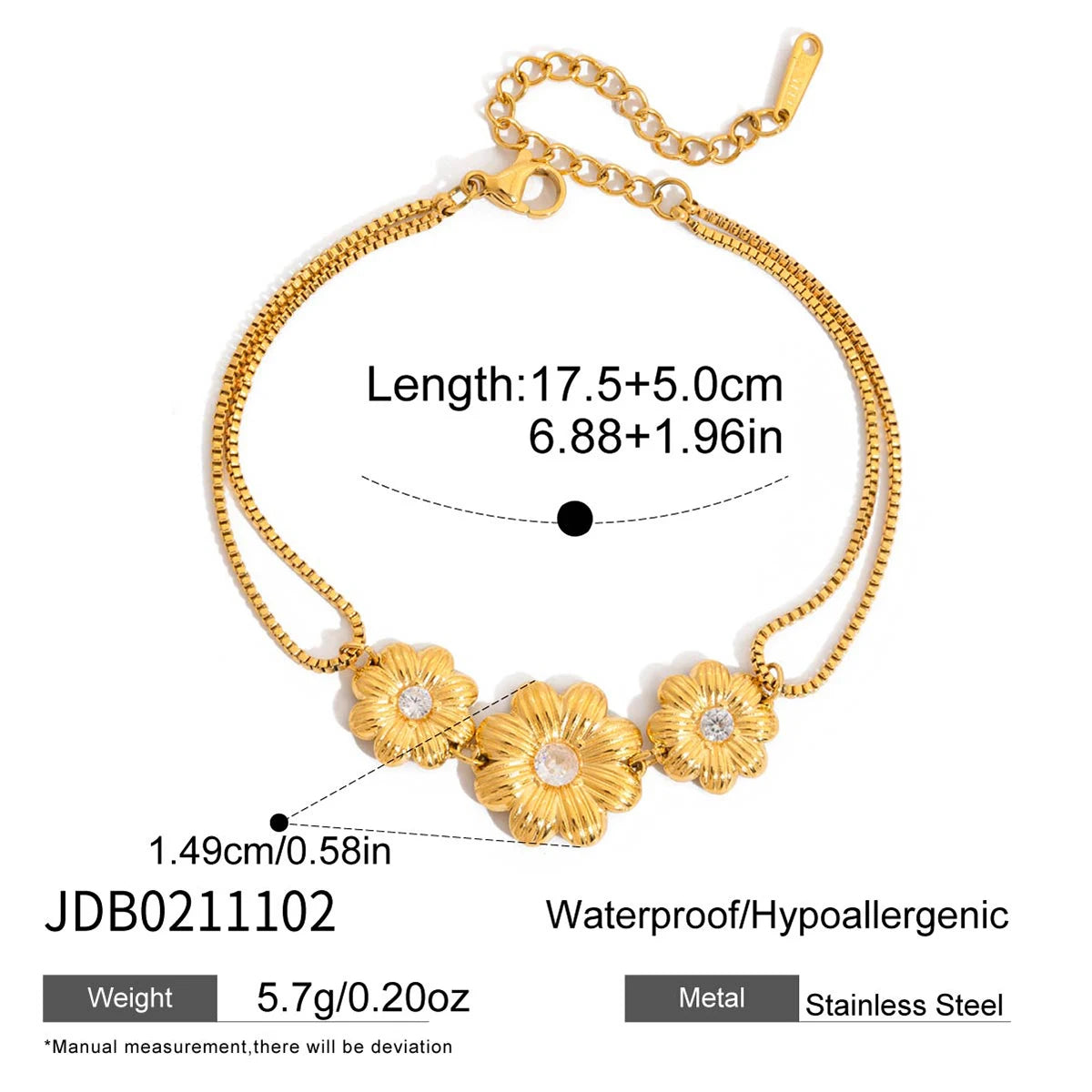 KIKA Classic Daisy Flower Bracelet With White Zircon Accents Jewelry Set For Women Gold Plated Stainless Steel Layered Jewelry