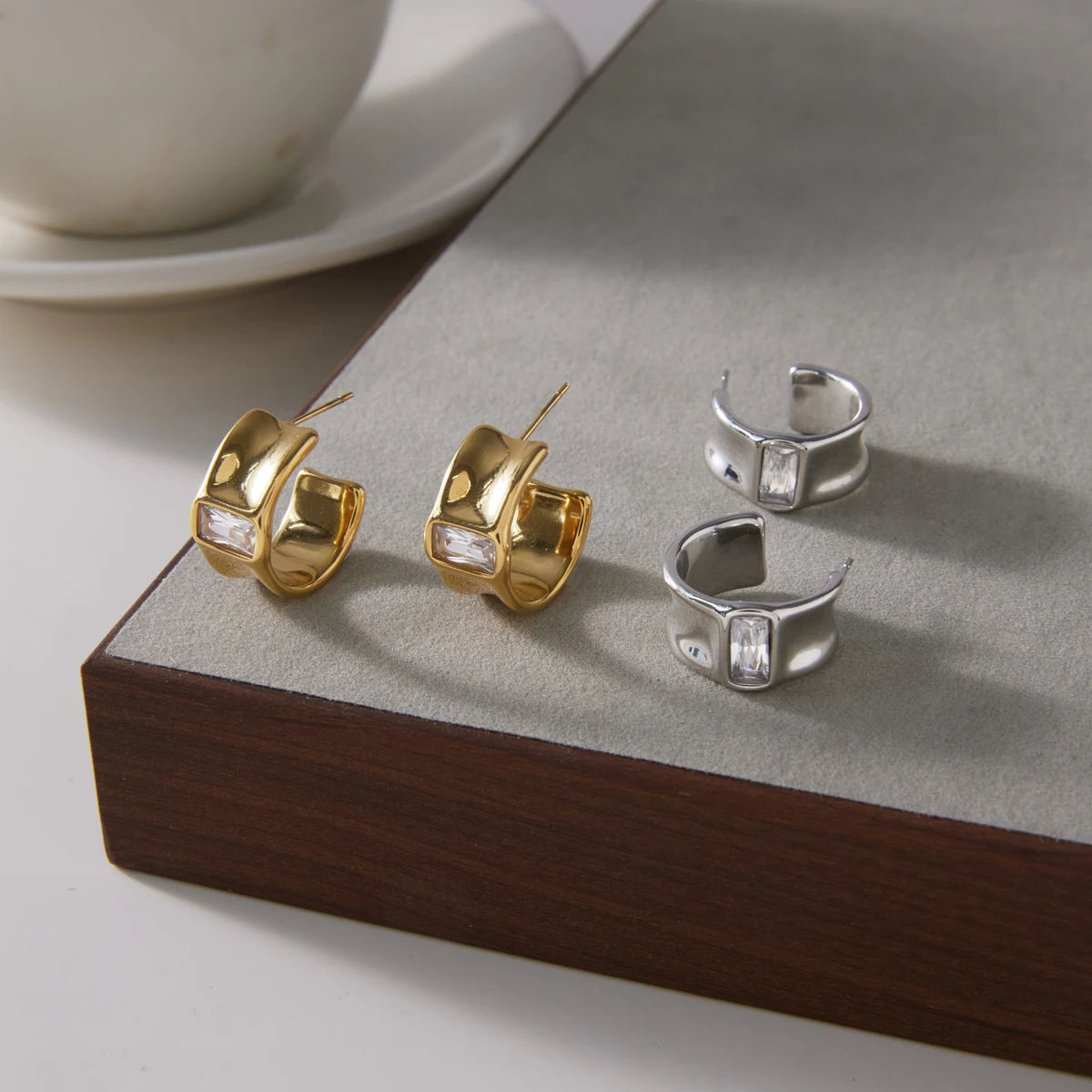Kika Rectangle Zircon C Shape Stud Earrings 18K Gold PVD Plated Stainless Steel 316L