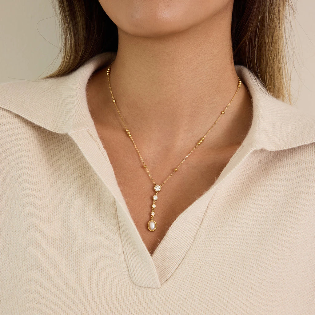 Kika Classic Plated Gold Color Stainless Steel Imitation Pearl Y-Shaped Chain Necklace