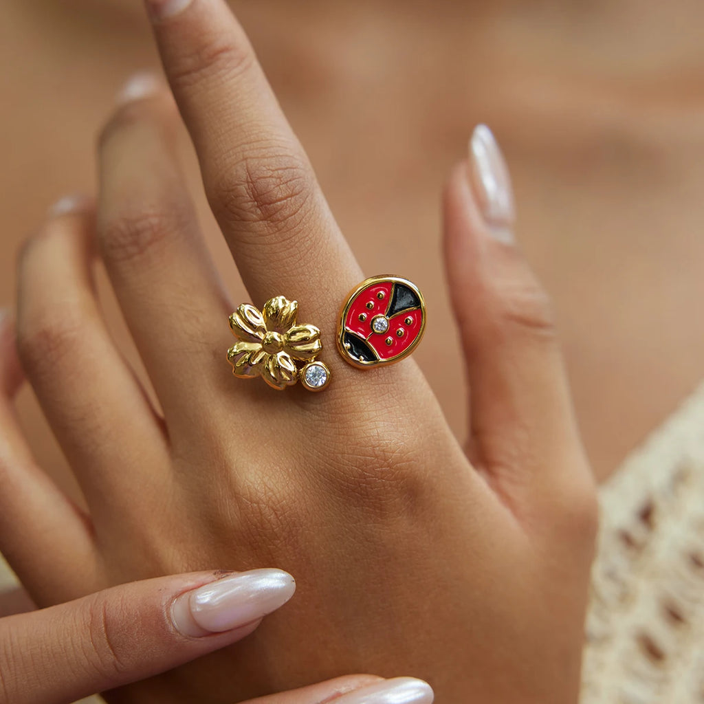 KIKA Fashion Stainless Steel 316L Zircon Drop Oil Ladybug Flower Adjustable Open Ring 18K Golden PVD Plated High Quality Jewelry