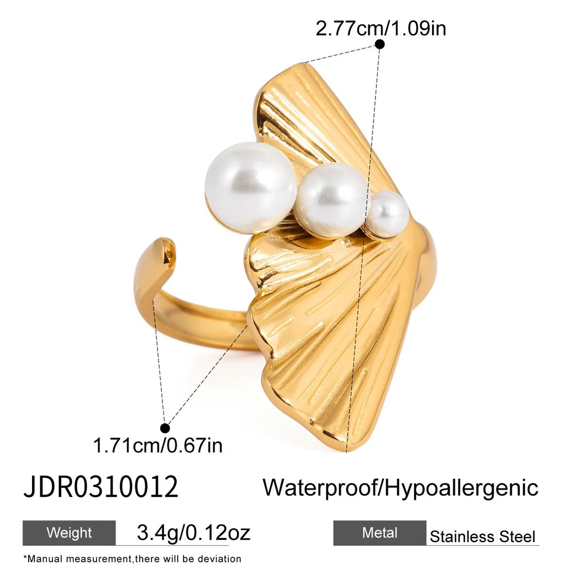 Kika Classic Imitation Pearl Ginkgo Leaf Opening Ring For Women 18K Gold Plated Stainless Steel