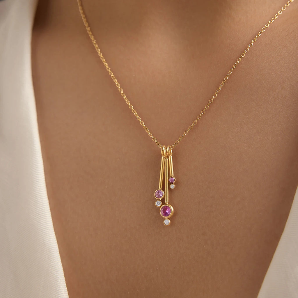 KIKA Round Zircon Stick Pendant Necklace PVD Gold Plated Stainless Steel 316L