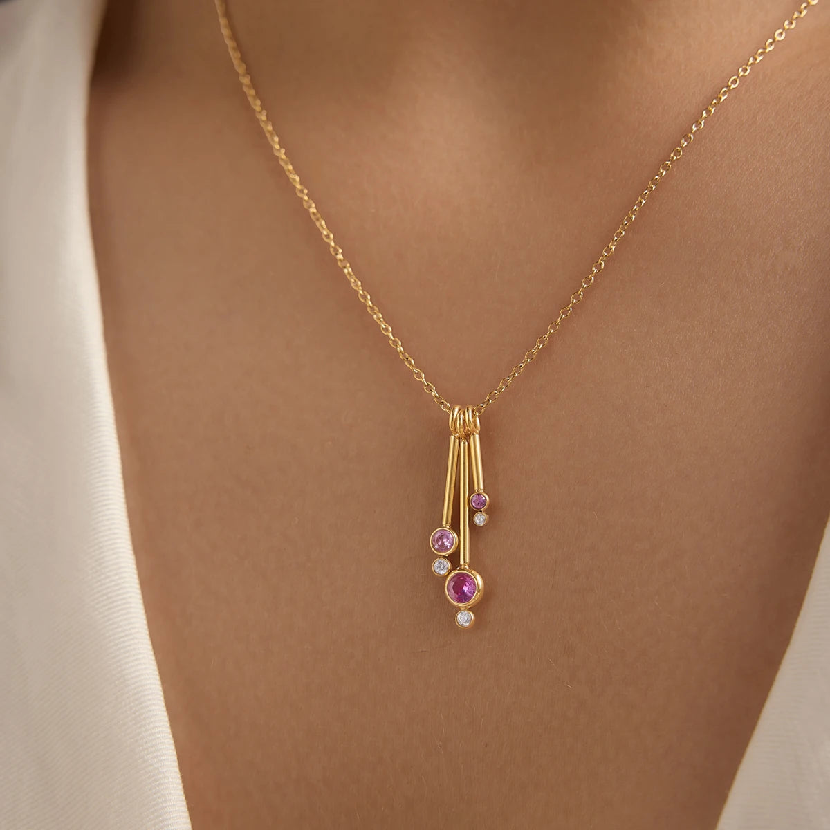 KIKA Round Zircon Stick Pendant Necklace PVD Gold Plated Stainless Steel 316L