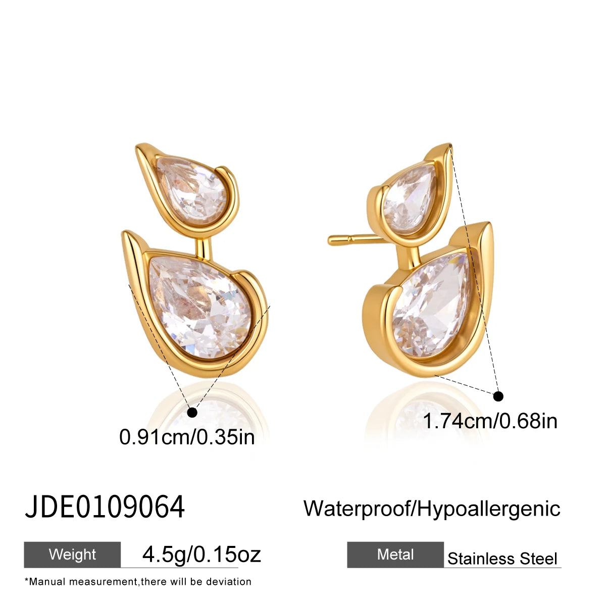 KIKA Water Drop Zircon Stud Earrings For Women Minimalist 18K Gold PVD Plated Stainless Steel Earrings Fashion Jewelry Gift