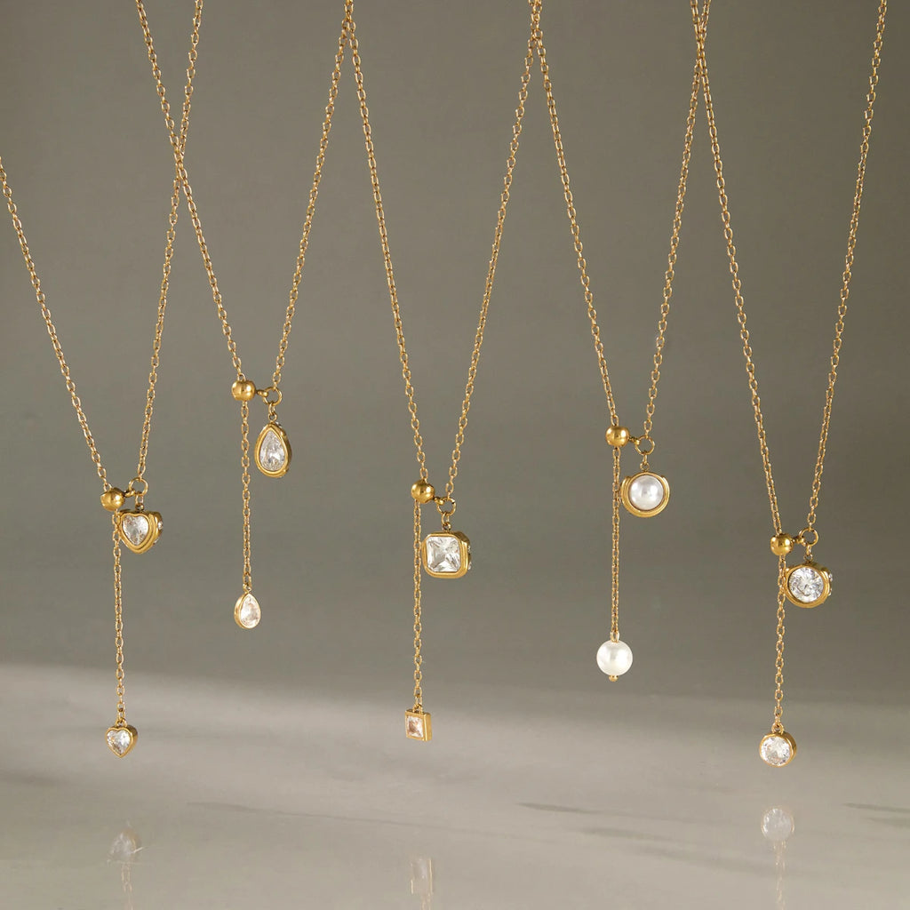 KIKA Geometric Zircon Pendant Necklace For Women Adjustable 70cm Long Chain 18K Gold PVD Plated Stainless Steel 316L