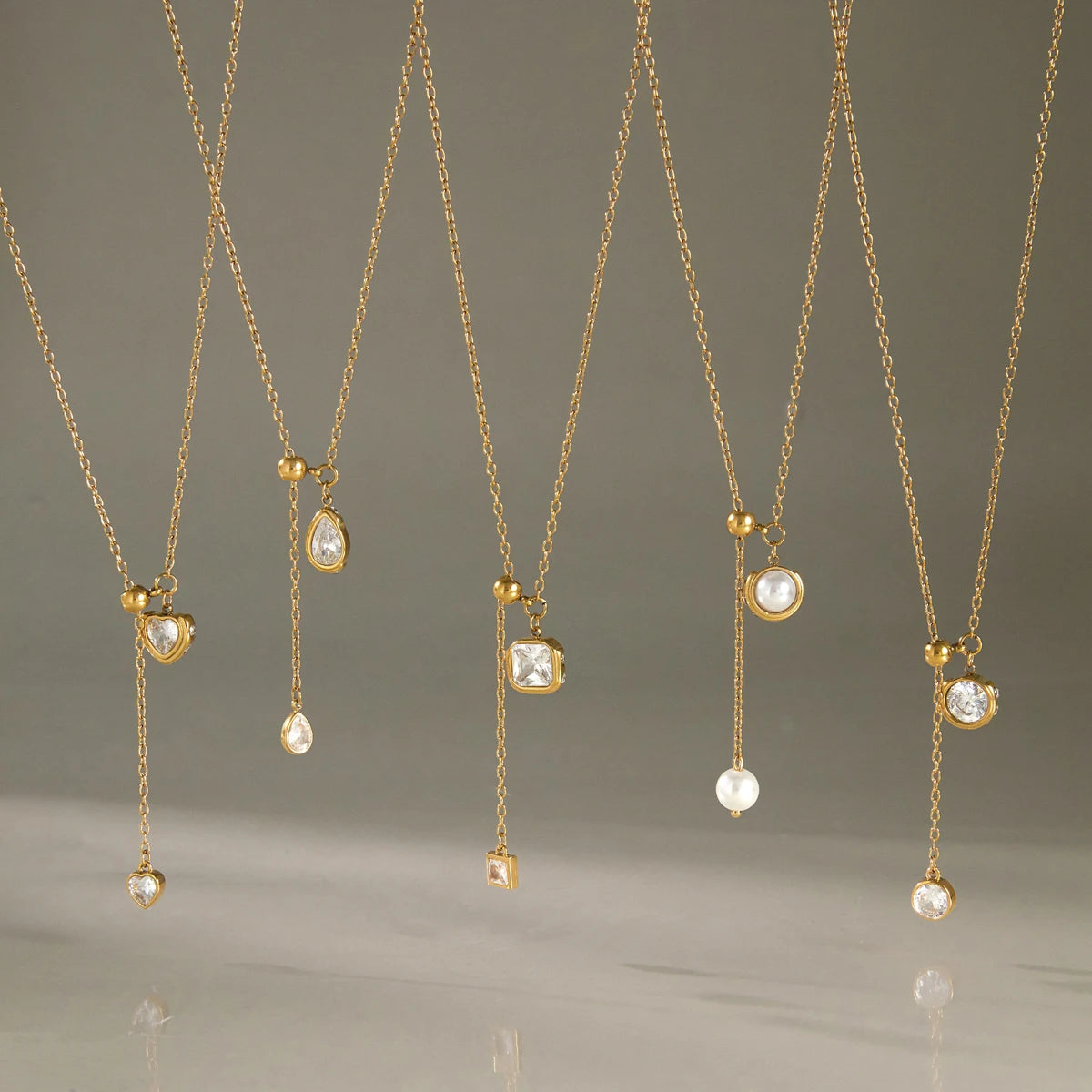 KIKA Geometric Zircon Pendant Necklace For Women Adjustable 70cm Long Chain 18K Gold PVD Plated Stainless Steel 316L