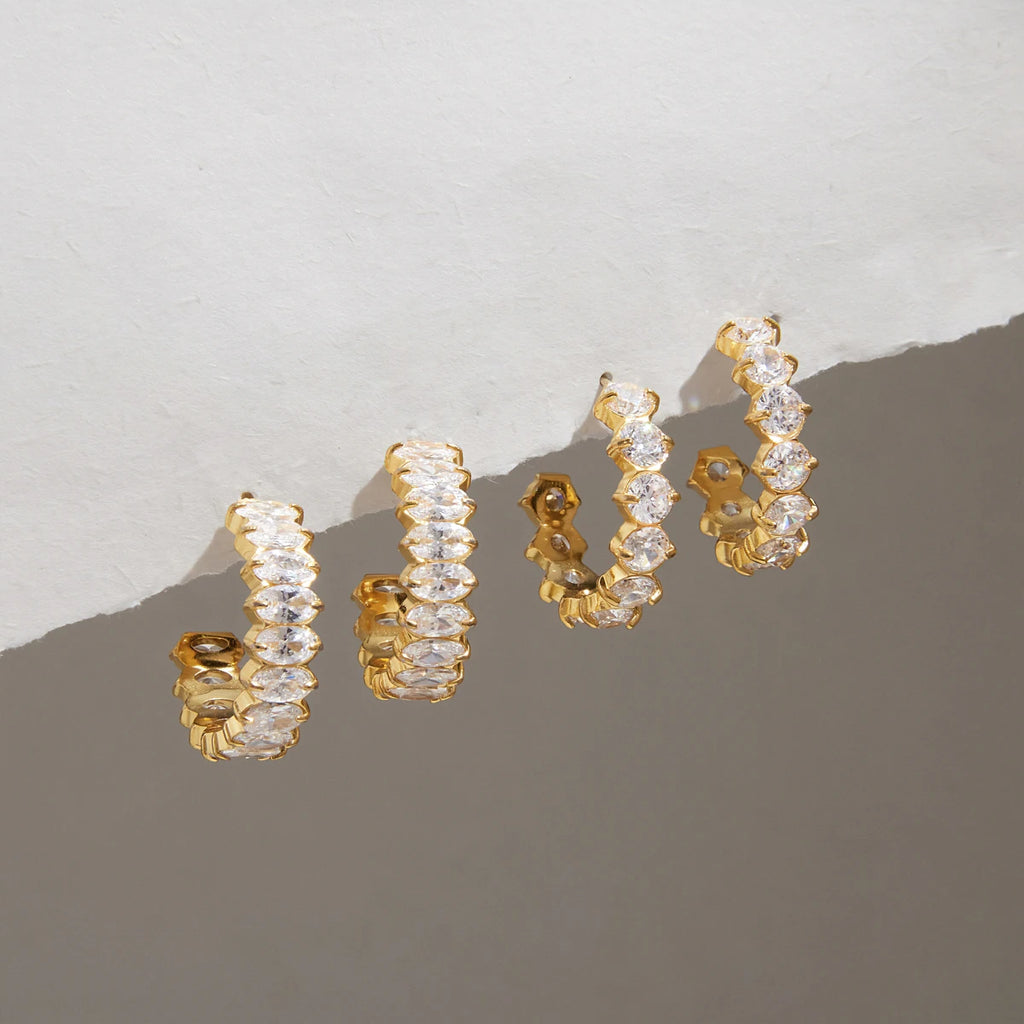 Kika Iced Out Geometric Zircon C Shape Stud Earrings 18K Gold Plated Stainless Steel 316L