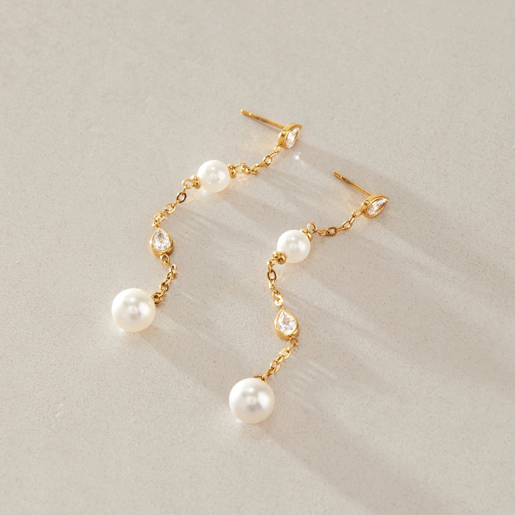 KIKA Water Drop Zircon Imitation Pearl Earrings For Women 18K Gold PVD Plated Stainless Steel Tassel Earrings Fashion Jewelry