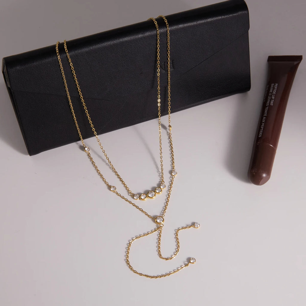 Kika Delicate Round White Zircon Smiley Face Y-Shaped Chain Double-Layer Necklaces