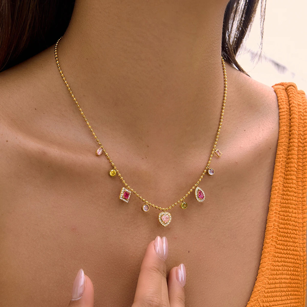 Kika Delicate 18K Colorful Square Geometric Zircon Pendant Bead Chain Necklace