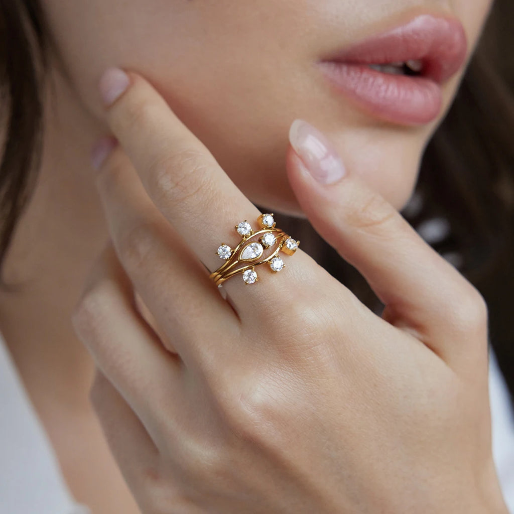KIKA 3 Pcs/Set Stackable Geometric Zircon Rings For Women Minimalist 18K Gold PVD Plated Stainless Steel 316L