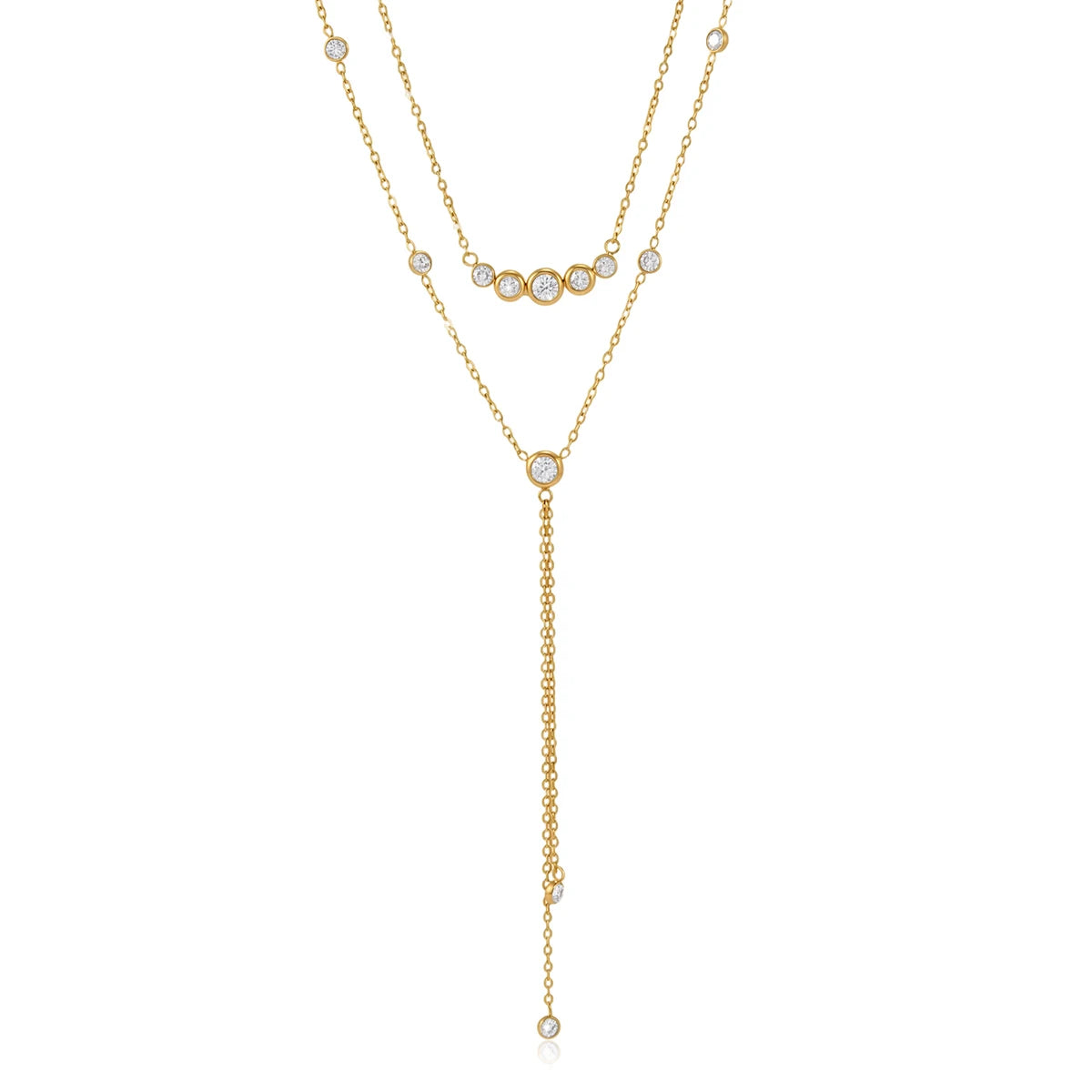 Kika Delicate Round White Zircon Smiley Face Y-Shaped Chain Double-Layer Necklaces