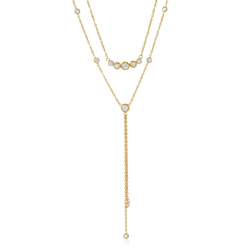 Kika Delicate Round White Zircon Smiley Face Y-Shaped Chain Double-Layer Necklaces