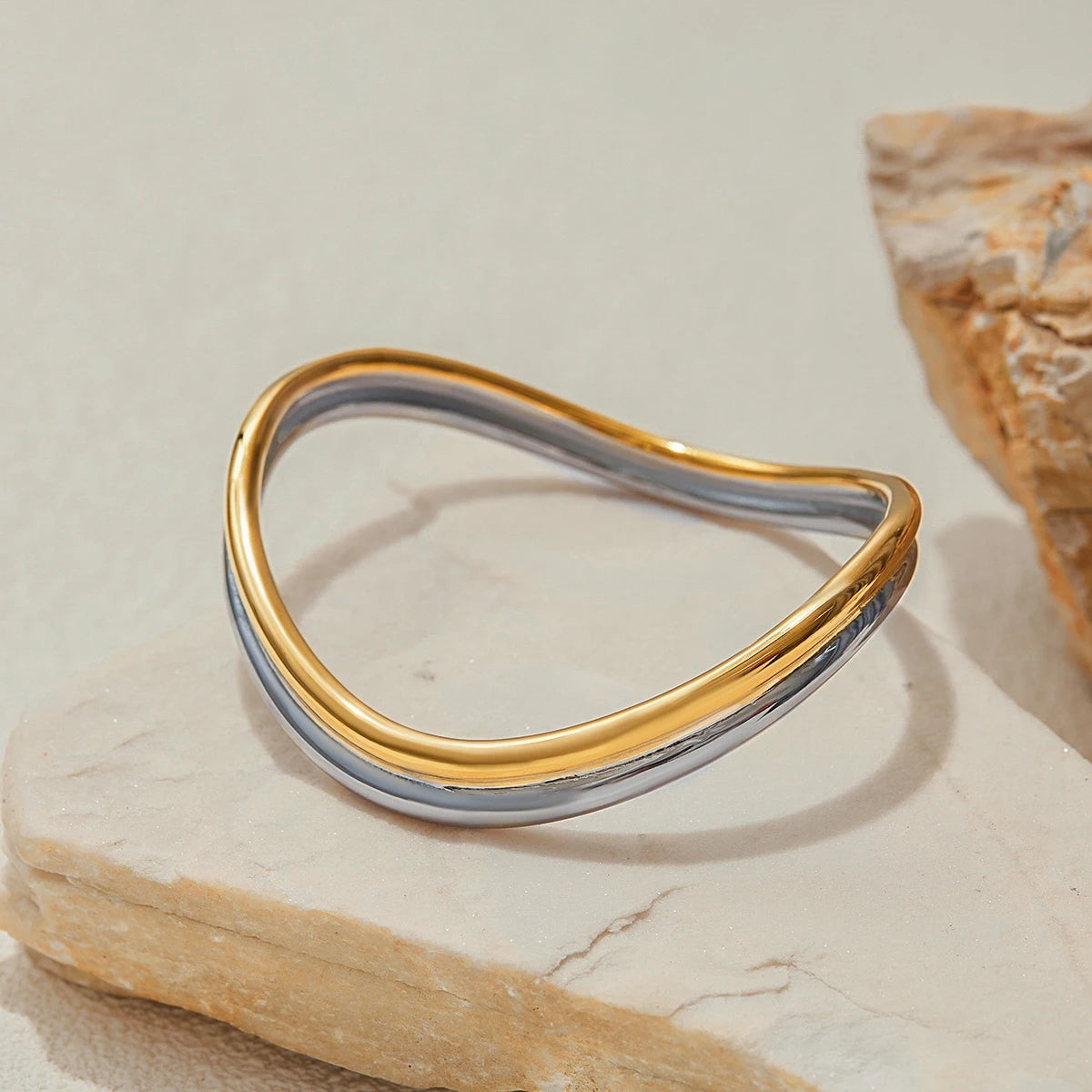 KIKA Minimalist 18K Gold Color Plated Stainless Steel Double Color Line Wave Bracelet Women's Jewelry Party Gift