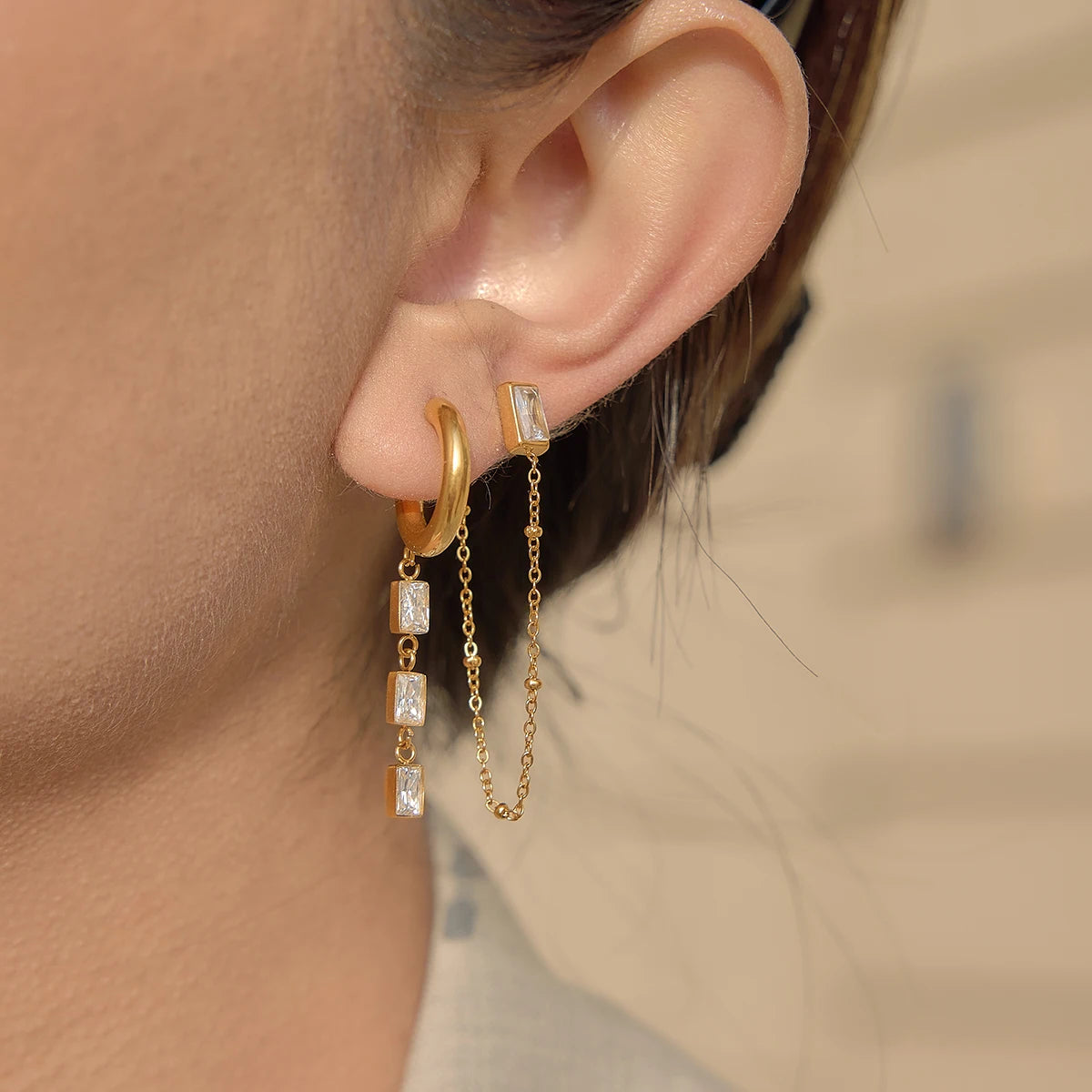 3 Pairs Geometric Water Droplet Rhinestone Earrings