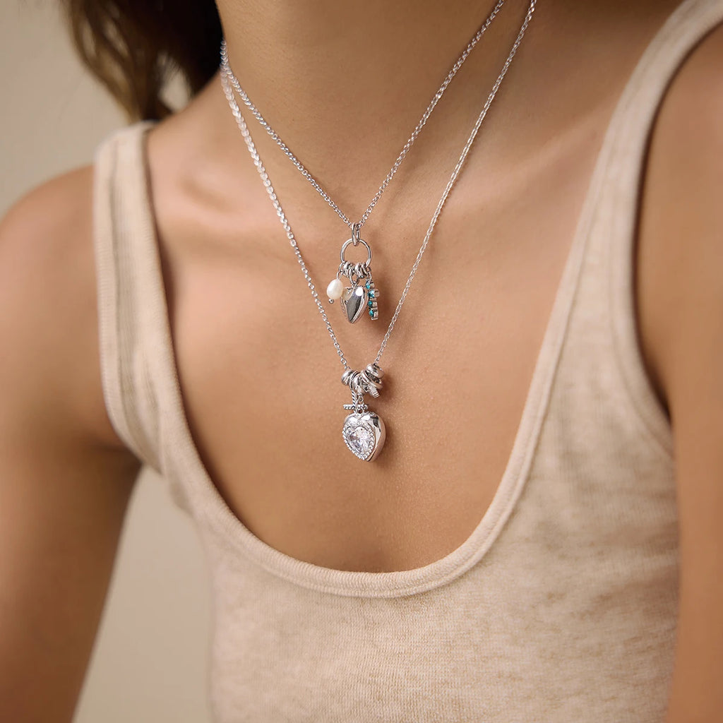 Kika Delicate Steel Color Cross Heart-Shaped Pendant With White Rhinestone Zircon O-Chain Necklace